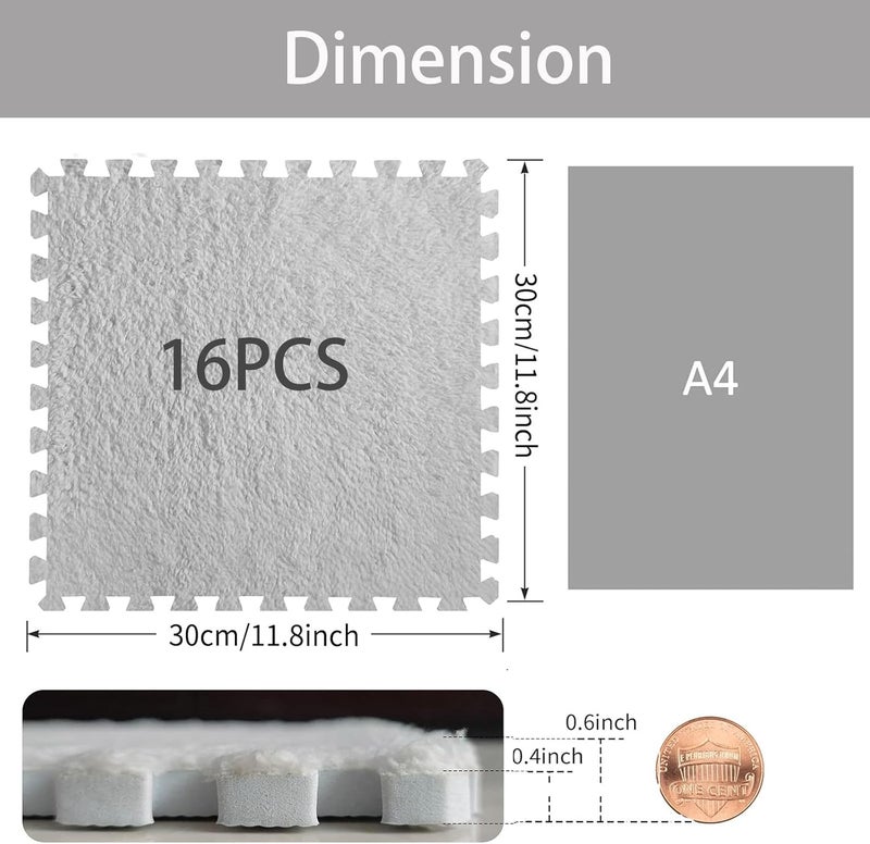 JADERLU 16pcs 0.6" Thickened Interlocking Tile Mats,Fluffy Shaggy Soft EVA Foam Area Rug for Living Room & Bedroom,Non-Slip Protective Floor Carpet Play Mat Kids Baby Dorm Home Decor (11.8ft, White) - Image 2